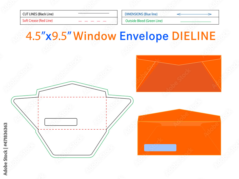 4.5x9.5inch Window Envelope dieline template and 3D envelope editable