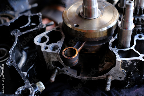 Fototapet Close-up of the new engine connecting rod of a motorcycle.