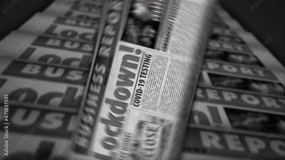 Lockdown COVID-19, closed economy and business crisis in coronavirus epidemic news. Vintage newspaper printing abstract concept. Retro 3d black and white animation.