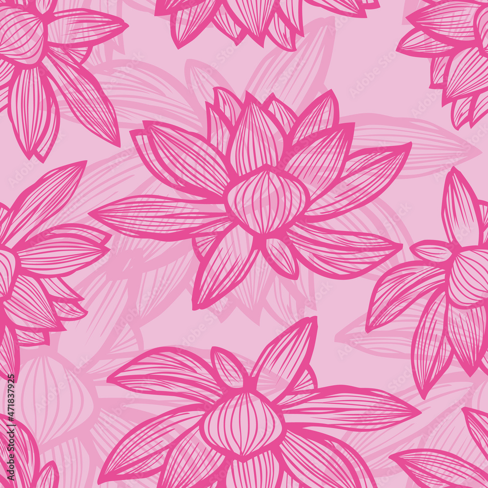 Vector pink lotus flower outlines monochrome repeat pattern 06. Suitable for textile, gift wrap and wallpaper. Vector pink lotus flower outlines monochrome repeat pattern 06. Suitable for textile, gift wrap and wallpaper.