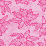 Vector pink lotus flower outlines monochrome repeat pattern 06. Suitable for textile, gift wrap and wallpaper.