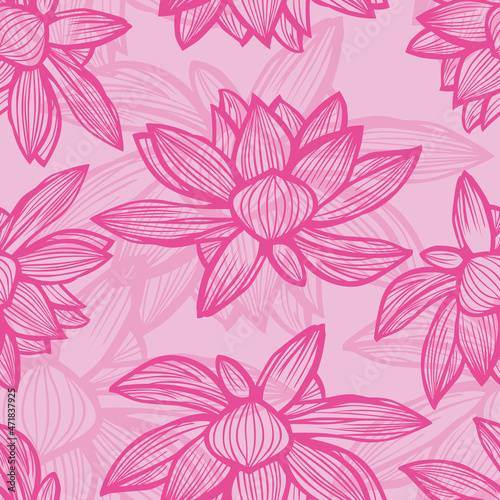 Vector pink lotus flower outlines monochrome repeat pattern 06. Suitable for textile, gift wrap and wallpaper.