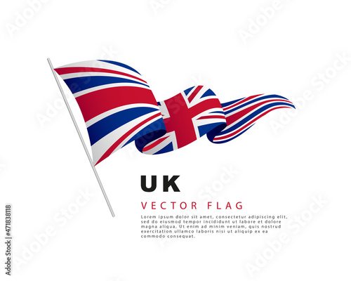 The flag of Great Britain hangs from a flagpole and flutters in the wind. Vector illustration isolated on white background.