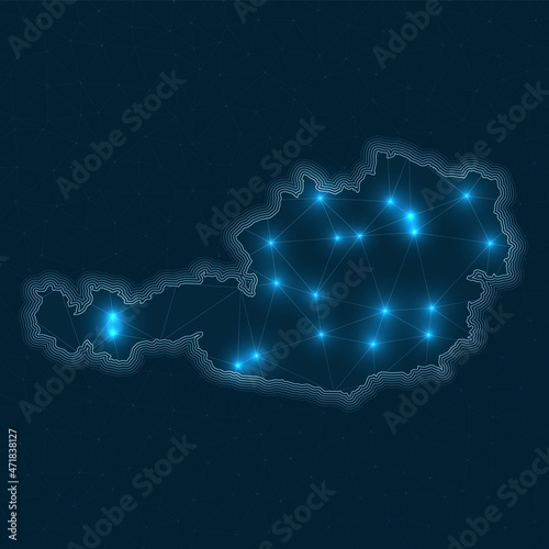 Austria network map. Abstract geometric map of the country. Digital connections and telecommunication design. Glowing internet network. Neat vector illustration.