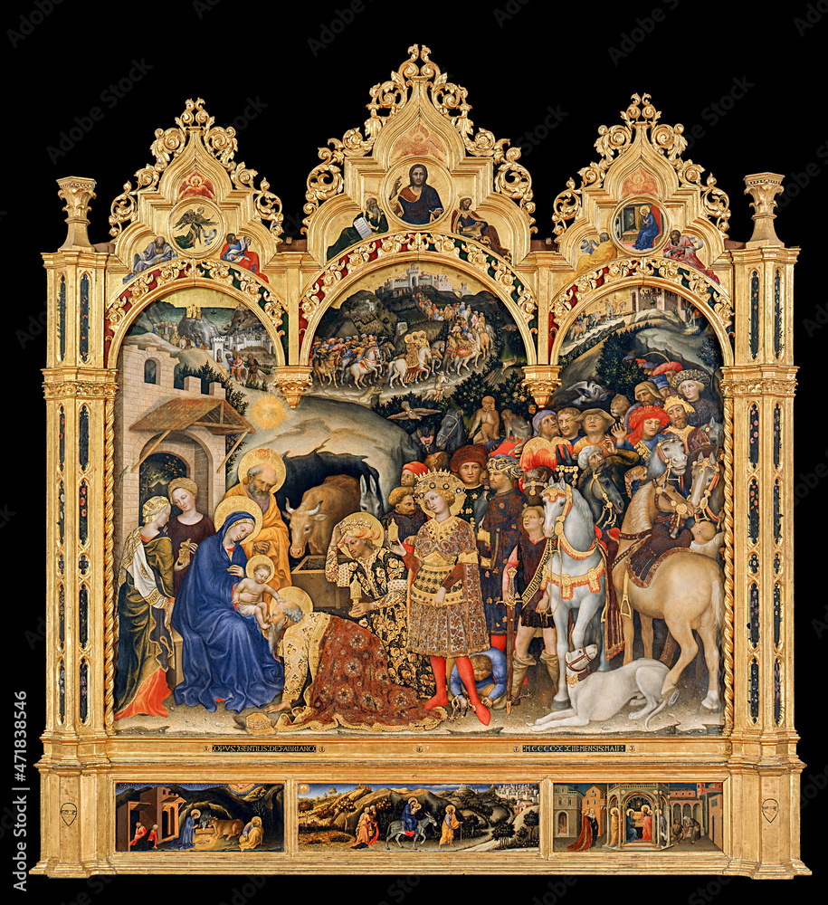 Gentile da Fabriano, Adoration of the Magi Altarpiece, 1443, tempera and  gold on wood panel. Uffizi Galeries, Florence, Italy Stock 写真 | Adobe Stock