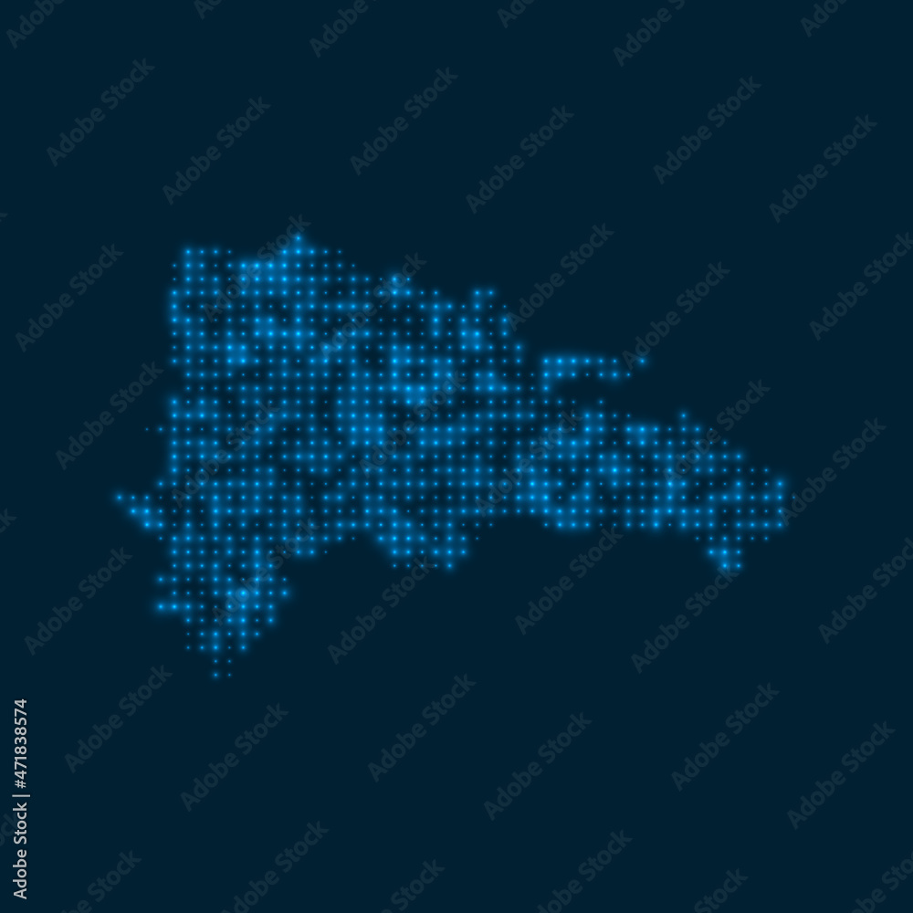 Dominicana dotted glowing map. Shape of the country with blue bright bulbs. Vector illustration.