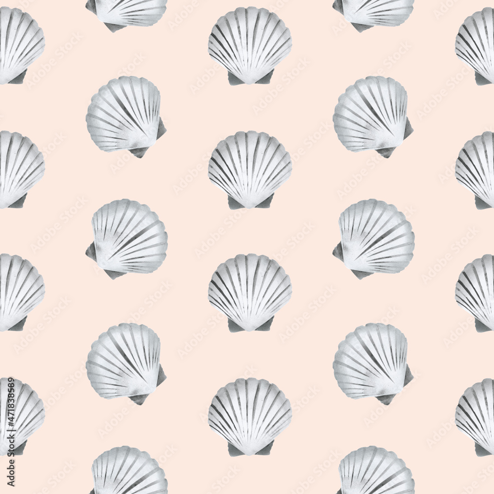 Seamless pattern of seashells made using stencil technique on a misty rose background. For fabric, sketchbook, wallpaper, wrapping paper.
