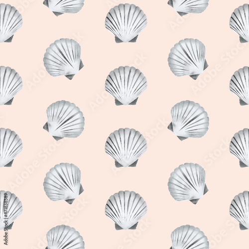 Seamless pattern of seashells made using stencil technique on a misty rose background. For fabric, sketchbook, wallpaper, wrapping paper. © Nataliia