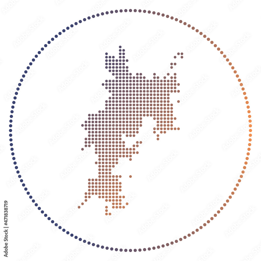 Obraz premium Komodo digital badge. Dotted style map of Komodo in circle. Tech icon of the island with gradiented dots. Charming vector illustration.