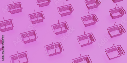 3D render. Pink plastic supermarket baskets on a pink background. Pattern.
