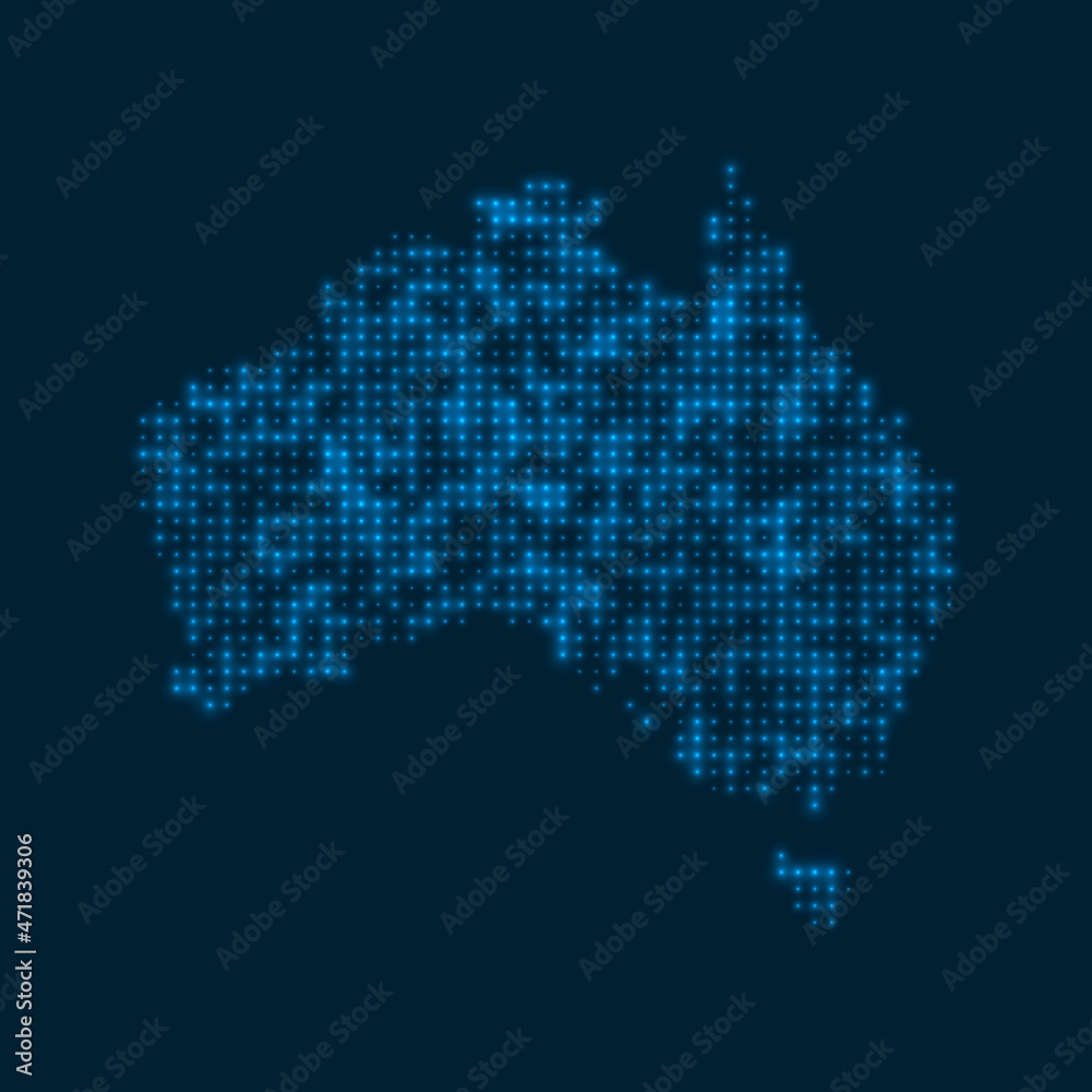 Australia dotted glowing map. Shape of the country with blue bright bulbs. Vector illustration.