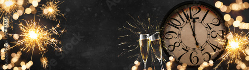 HAPPY NEW YEAR 2022 - Festive silvester New Year's Eve Party celebration background panorama banner long - Golden yellow fireworks, sparklers, clock and champagne classes toasting in the black night