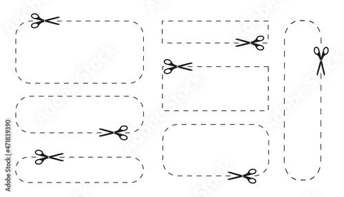 Set of scissors icons cutting shapes with dotted lines. Cut here pictograms for paper discount coupons, vouchers, promo codes. Outline graphic vector illustration isolated on white background.