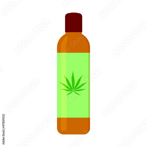 CBD oil shampoo with cannabis leaf on label. Hemp cosmetic product for hair in bottle isolated on white background. Cannabidiol for beauty care. Vector cartoon illustration