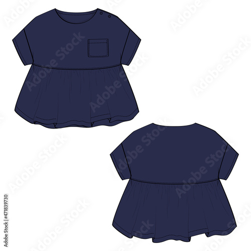 Baby girls dress design technical Flat sketch vector illustration template. Apparel clothing Navy color Mock up  front and back views Isolated on White.  Kids Fashion vector Art drawing easy editable.