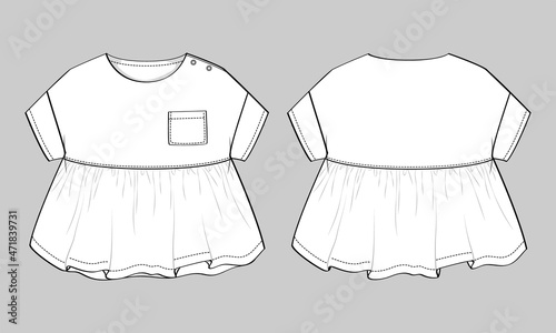 Baby girls dress design technical Flat sketch vector illustration template. Apparel clothing Mock up front and back views Isolated on Grey Background. Kids Fashion vector Art drawing easy editable.