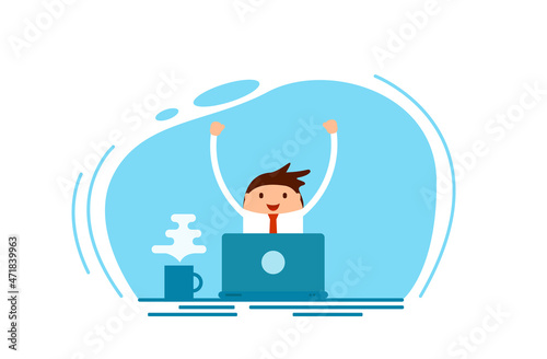 Happy Successful Businessman Behind Computer Flat Style