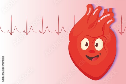 Heart cartoon character, Cute happy healthy smiling heart organ. Heart face, fitness exercise, sport, Self-care and happiness concept.