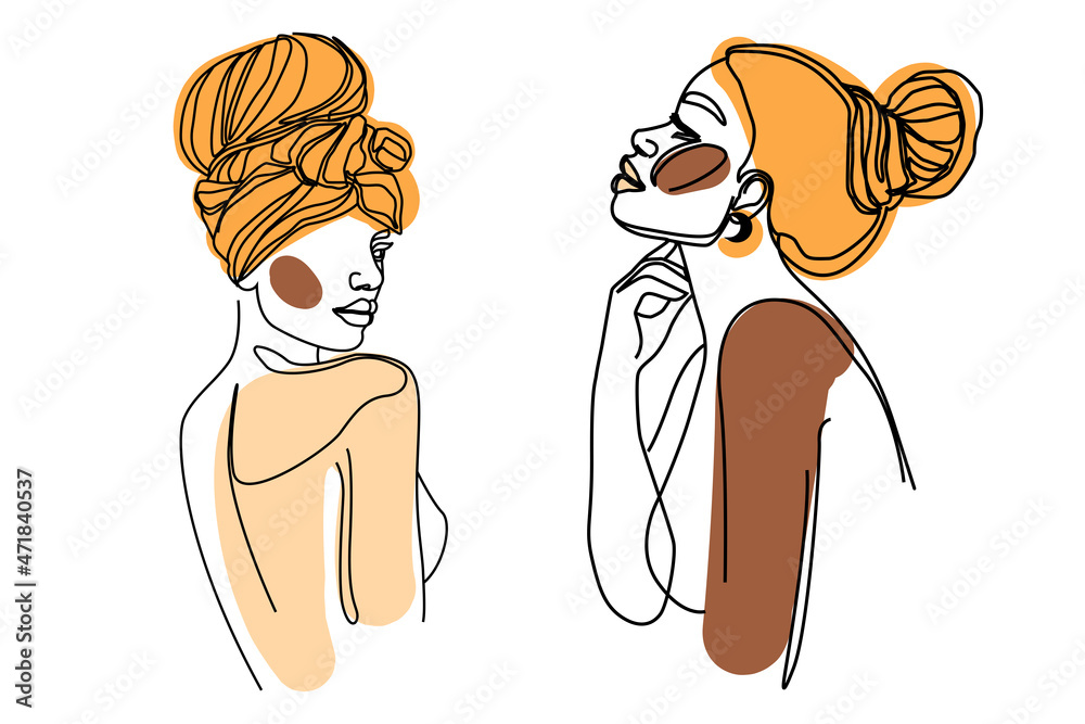 Beautiful girls in one line abstract style and abstract shapes. Vector illustration of an African American woman. Trendy minimalist style Beautiful girls in one line abstract style and abstract shapes. Vector illustration of an African American woman. Trendy minimalist style