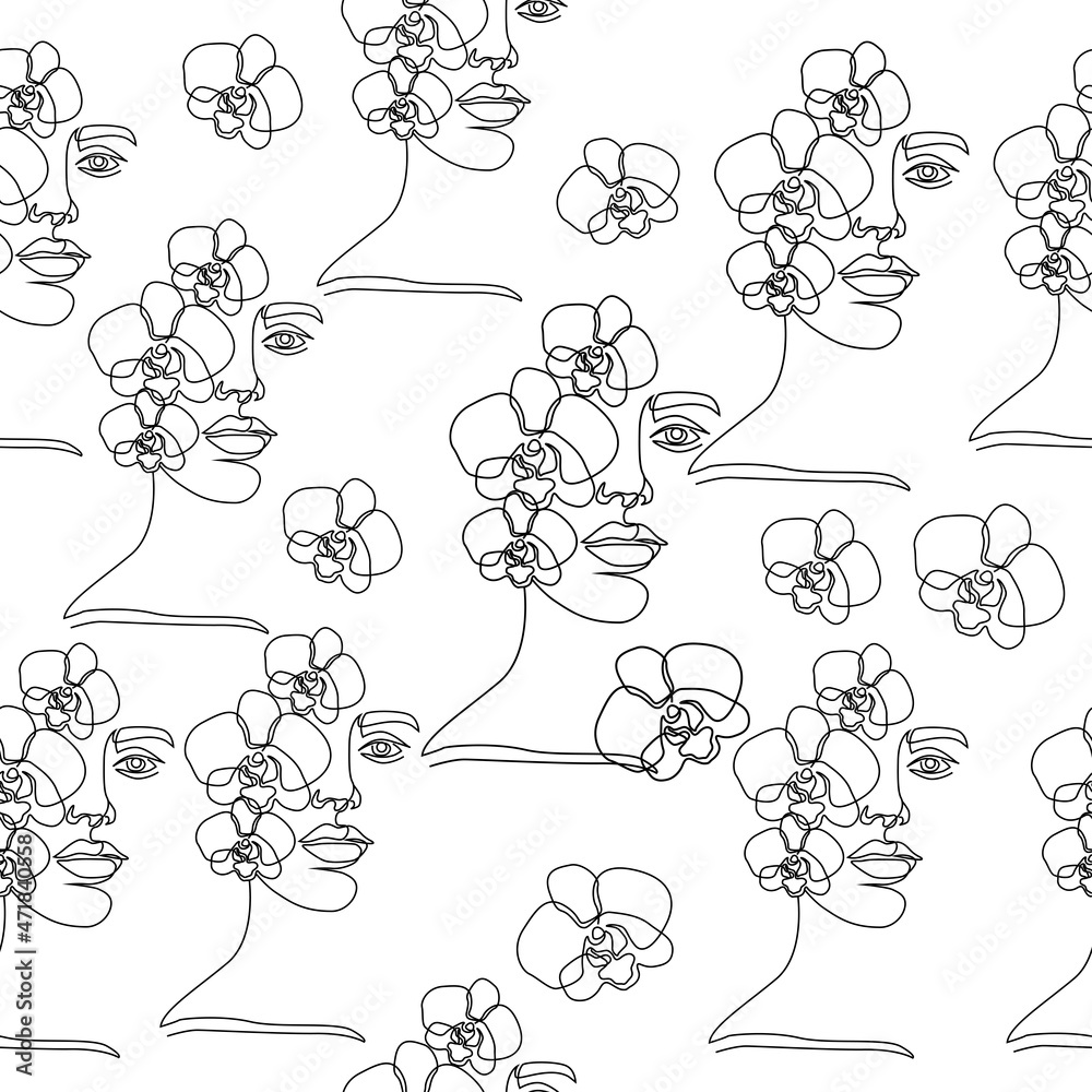 Fototapeta premium Woman and flowers seamless pattern. Vector illustration female portrait. One line drawing modern trend. Fashion, beauty, design, logo salon