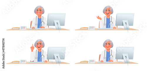 Woman doctor at desktop. Character for online consultation of a specialist doctor. Therapist at work. Collection of gestures