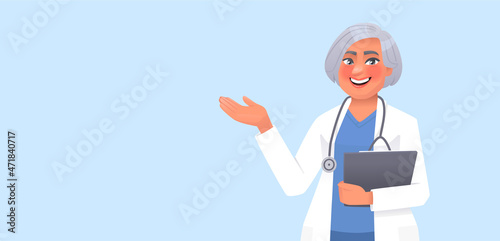 Woman doctor on a blue background indicates something. Advertising of professional medical care services of a private clinic