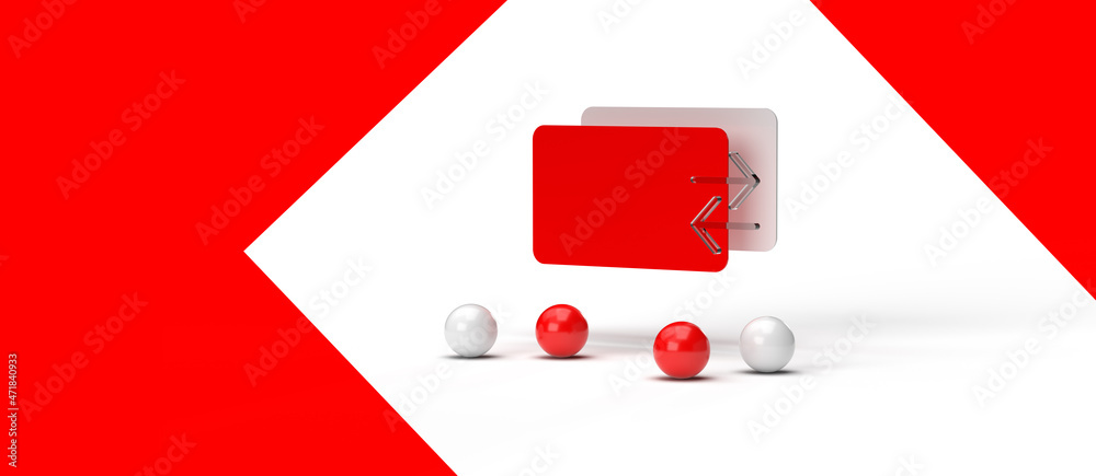 Obraz premium A bank card with an arrow symbol. White background and red lines. Modern minimal style on the topic of credit, deposit, cashback, purchases, payment. 3d rendering of the illustration.