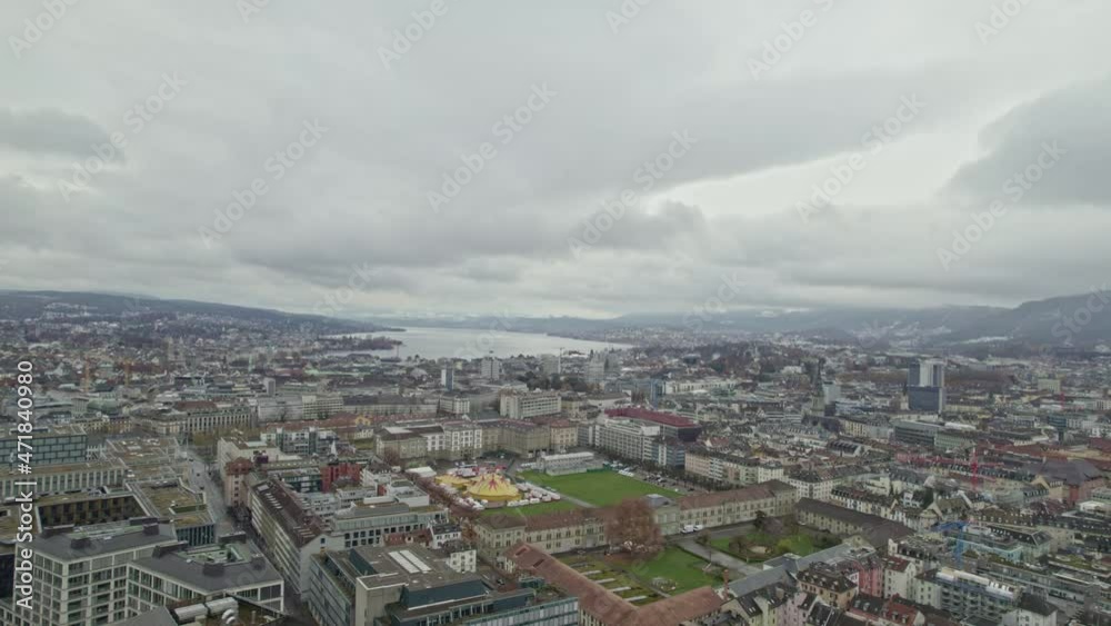 180 degrees round aerial view of City of Zürich on a rainy autumn day. Movie shot November 28th, 2021, Zurich, Switzerland. 180 degrees round aerial view of City of Zürich on a rainy autumn day. Movie shot November 28th, 2021, Zurich, Switzerland.