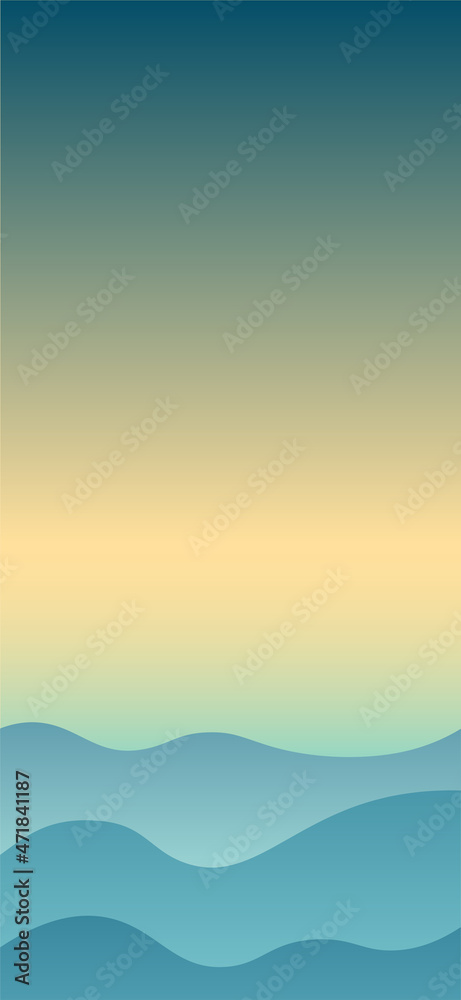 Flat peaceful landscape with Mountains and blue and yellow gradient sky at sunrise. Vacation and Outdoor Banner. Recreation and Meditation Poster Concept. Serenity Vector illustration background.