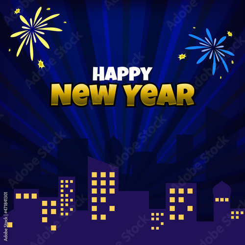 happy new year with city scape and fireworks on cartoon comic style 