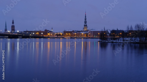 Reflection of old Riga on an early morning in the Daugava in autumn