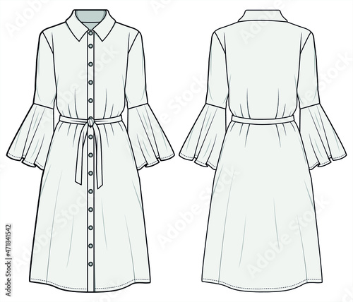 Women Collared Bell Sleeve Shirt Dress with Belt, Modest Knee Length Shirt Dress Front and Back View. Fashion Illustration, Vector, CAD, Technical Drawing, Flat Drawing.