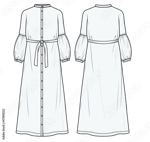 Women Abaya, Bishop Sleeve Mandarin Collar Full Placket Maxi Dress with Belt Front and Back View. Fashion Illustration, Vector, CAD, Technical Drawing, Flat Drawing.	