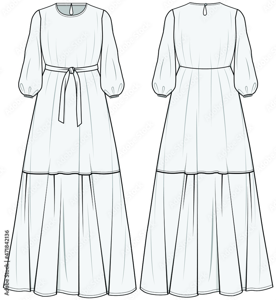 Women Abaya, Bishop Sleeve Frill Hem Maxi Dress with belt Front and Back View. fashion ...