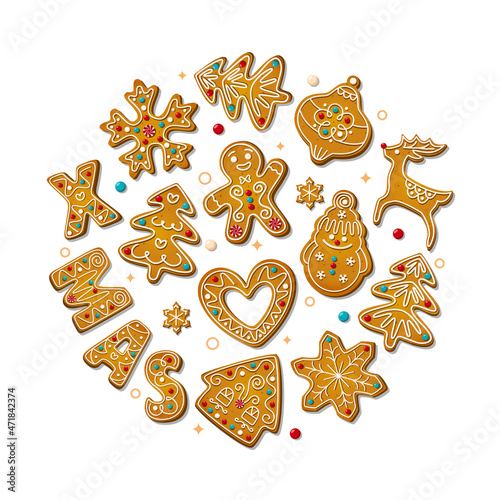 Christmas gingerbread cookies in cartoon style isolated on white background. Sweet sugar biscuits in circle composition. Festive shaped crackers. Vector illustration