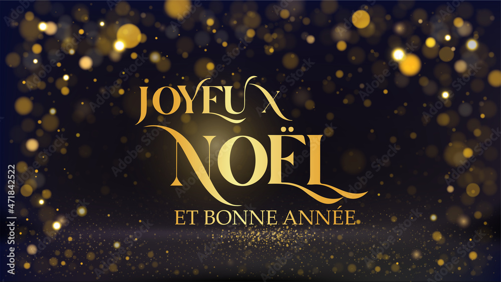 carte ou bandeau sur une joyeux noël et une bonne année en or sur un fond noir avec des rond en effet bokeh de couleur or