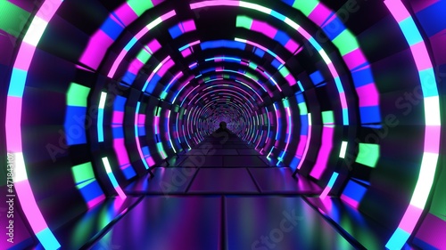 Abstract futuristic geometric background with lines, glow. Glowing triangular frame long tunnel