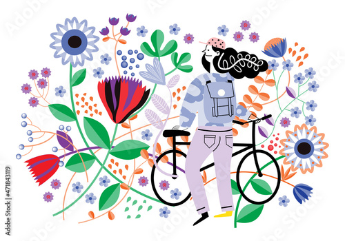 girl with bicycle in the flower garden