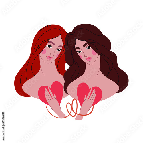 The two girls leaned towards each other. Love from the heart, sitin love. Twins. Sisters. Vector flat illustration on white background