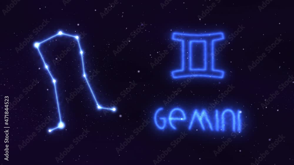 Horoscope, zodiac sign Gemini in a constellation of bright stars connected by luminous lines. Animation of a sign in the moving cosmic night sky. The symbol of the constellation and horoscope. Horoscope, zodiac sign Gemini in a constellation of bright stars connected by luminous lines. Animation of a sign in the moving cosmic night sky. The symbol of the constellation and horoscope.