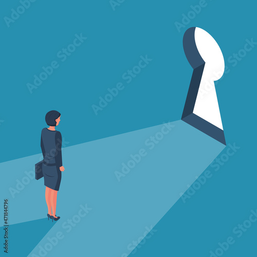 Businesswoman in suit standing in front of keyhole. Solution to problem business concept. Woman looks at open opportunities. Male walking go to goal. Vector illustration isometric design.
