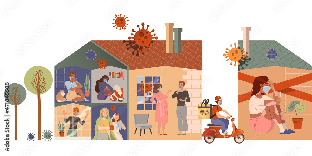 Fototapeta premium People staying at home with self quarantine. Stay home during Coronavirus Pandemic vector illustration