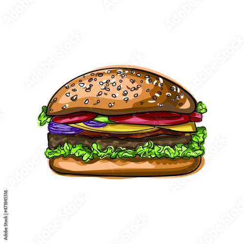 Hand drawn vector hamburger with cheese, lettuce, tomatoes and buns with sesame seeds. Junk food for children and adults. Fast food illustration