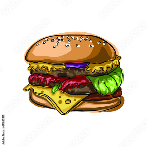 Hand drawn vector hamburger with cheese, lettuce, tomatoes and buns with sesame seeds. Junk food for children and adults. Fast food illustration
