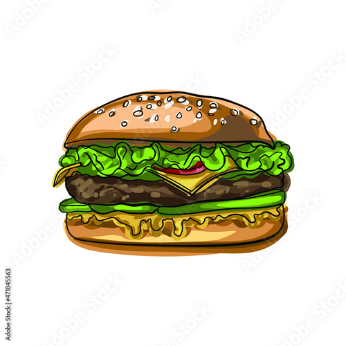 Hand drawn vector hamburger with cheese, lettuce, tomatoes and buns with sesame seeds. Junk food for children and adults. Fast food illustration