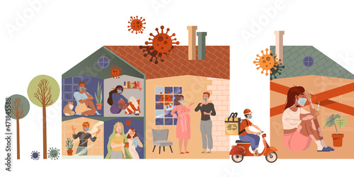 People staying at home with self quarantine. Stay home during Coronavirus Pandemic vector illustration
