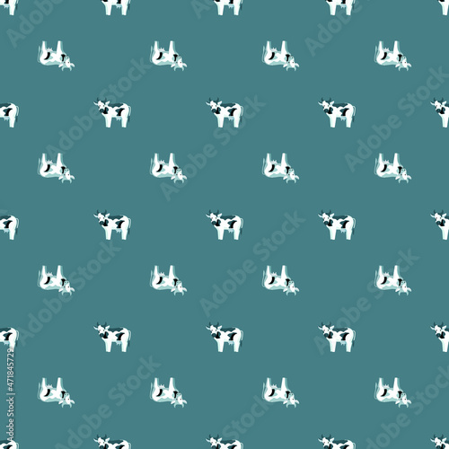 Seamless pattern cow on teal background. Texture of farm animals for any purpose.