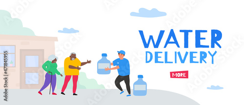 man courier with large  bottles of  water delivery  to african american senior couple home vector illustration