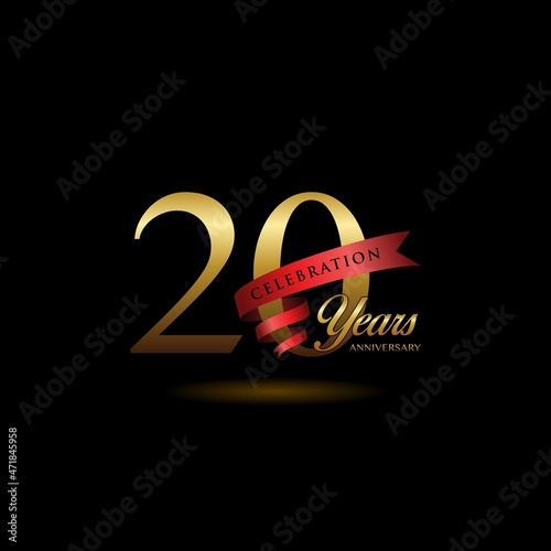 20th anniversary logotype with red ribbon. Golden anniversary celebration emblem design for booklet, leaflet, magazine, brochure poster, web, invitation or greeting card. Vector illustrations. EPS 10