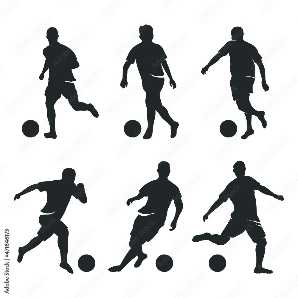 a collection of silhouettes of soccer players dribbling the ball